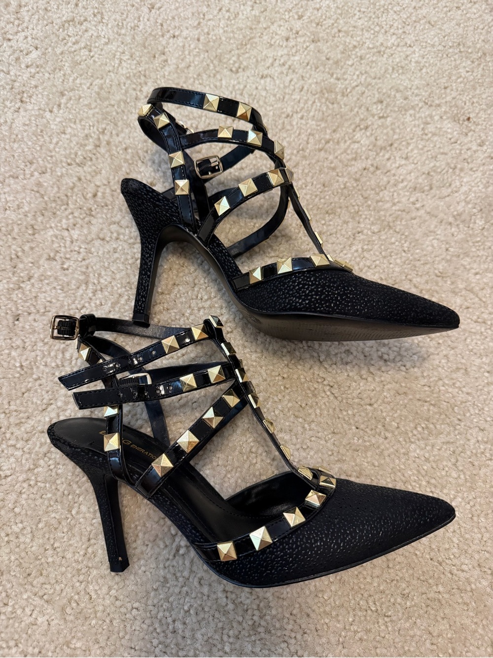 BCBGeneration Black Pointed-Toe T-Strap Pumps with Gold Studs - Picture 2 of 4